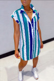Синее модное сексуальное полосатое платье-рубашка с коротким рукавом