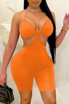 Oranje sexy effen uitgeholde rugloze riem ontwerp Halter skinny romper badmode