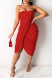 Röd Mode Sexig Solid Patchwork Rygglös axelbandslös oregelbunden klänning