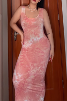 ピンクのセクシーなパッチワーク絞り染めUネックペンシルスカートドレス