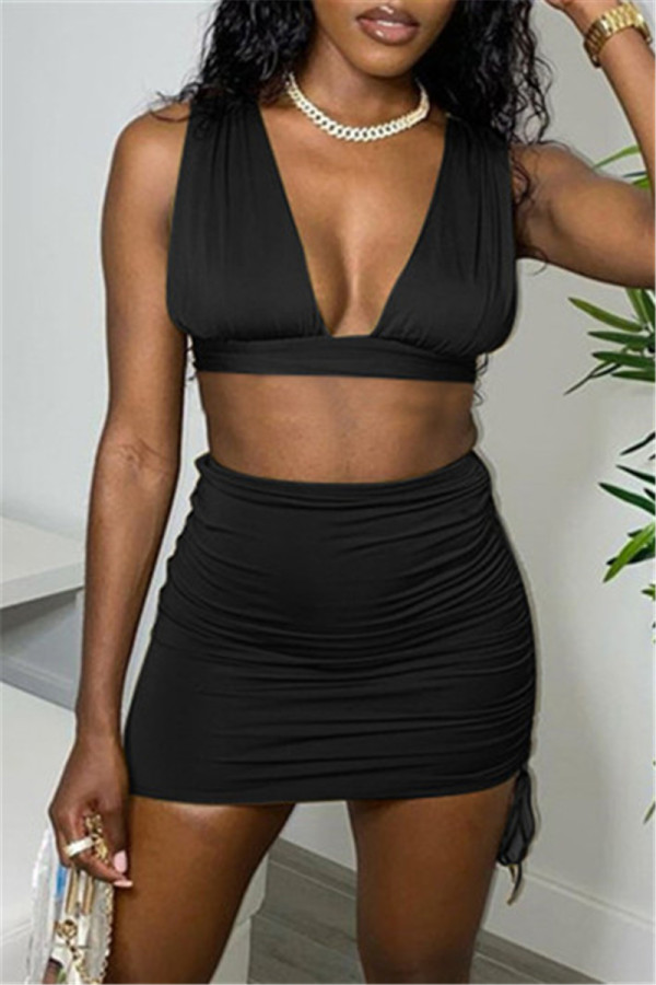 Черная мода Sexy Solid Fold с V-образным вырезом без рукавов из двух частей