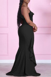 ブラックファッションカジュアルソリッドバックレススパゲッティストラップノースリーブドレス