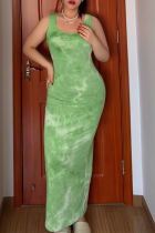 Светло-зеленые сексуальные лоскутные платья-юбки-карандаш с принтом тай-дай и U-образным вырезом