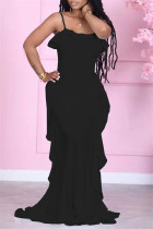 ブラックファッションカジュアルソリッドバックレススパゲッティストラップノースリーブドレス