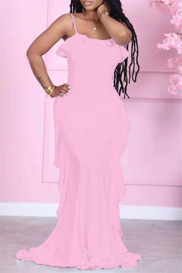 Vestido sin mangas con correa de espagueti sin espalda sólida casual de moda rosa