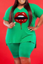 Green Fashion Casual Lips Imprimé Slit V Neck Plus Size Two Pieces