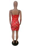 Red Sexy Print Patchwork Pencil Skirt Dresses