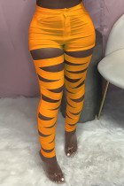 Calça lápis laranja fashion sexy rasgada e rasgada cintura alta