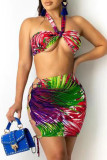 Red Sexy Print Hollowed Out Backless Strap Design Strapless Sleeveless Two Pieces