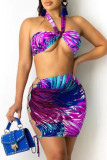 Purple Sexy Print Hollowed Out Backless Strap Design Strapless Sleeveless Two Pieces