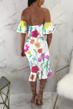 Multi-color Sexy Print Backless Off the Shoulder Short Sleeve Dress