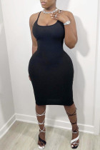 Schwarzes, sexy, lässiges, festes, rückenfreies Sling-Kleid mit U-Ausschnitt
