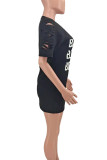 Черное модное сексуальное платье с короткими рукавами и рваным круглым вырезом с буквенным принтом