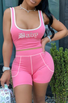 Pink Sportswear Hot Drilling Patchwork U Neck Sleeveless Two Pieces