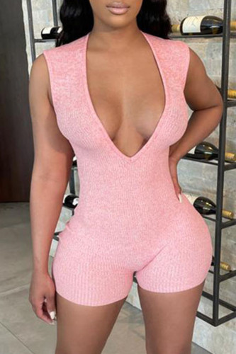 Pink Fashion Casual Solid Basic V Neck Short Sleeve Skinny Romper