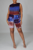 Blue Casual Print Patchwork O Neck Sleeveless Two Pieces