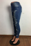 Donkerblauwe Mode Casual Basic Hoge Taille Regular Jeans