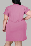 Roze Mode Casual Plus Size Print Basic V-hals Jurk met Korte Mouwen