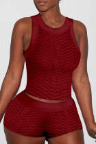 Purplish Red Sexy Solid Patchwork O Neck Sleeveless Two Pieces