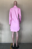 Pink Casual Color Block Buttons Turndown Collar Shirt Dress Dresses
