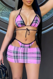 Pink Sexy Plaid Patchwork Spaghetti Strap Sleeveless Two Pieces
