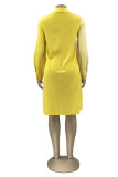 Желтое модное повседневное лоскутное платье-рубашка с отложным воротником и карманами