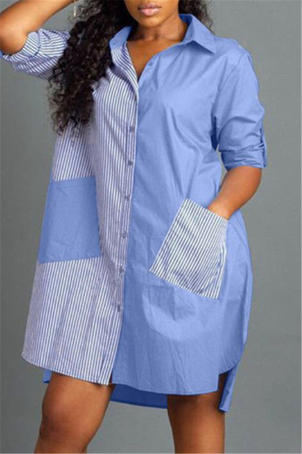 Blaues, modisches, lässiges Patchwork-Taschen-Umlegekragen-Hemdkleid