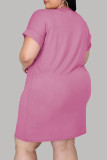 Vestido rosa moda casual plus size com estampa básica decote em v manga curta