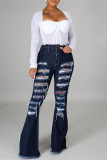 Baby Blue Fashion Casual Solid Ripped High Waist Boot Cut Jeans