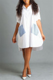 ホワイトファッションカジュアルパッチワークポケットターンダウンカラーシャツドレス