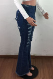 Deep Blue Fashion Casual Solid Ripped High Waist Boot Cut Jeans