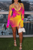 ローズレッドファッションセクシーなプリントスリットスパゲッティストラップ長袖ドレス