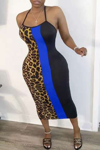 Blue Fashion Casual Ma'am Leopard Halter Neck A-Line Dresses