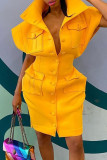 Желтое модное повседневное однотонное базовое платье с воротником-стойкой и коротким рукавом