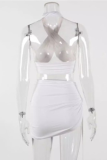 White Sexy Solid Hollowed Out Halter Sleeveless Two Pieces