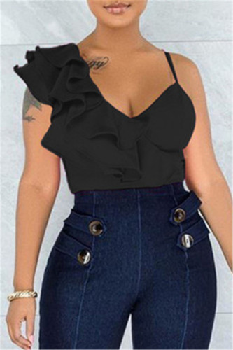 Tops noirs à col en V et patchwork solides décontractés noirs
