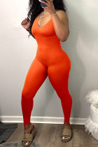 Оранжевые сексуальные однотонные облегающие комбинезоны на тонких бретельках в стиле пэчворк