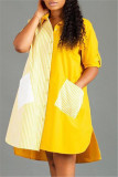 Vestido amarelo moda casual patchwork bolso com gola aberta
