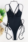 Black Sexy Solid Patchwork Draw String Swimwears