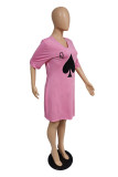 Розовое модное повседневное платье больших размеров с принтом, базовое платье с V-образным вырезом и короткими рукавами