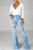 Babyblå Mode Casual Solid Ripped High Waist Boot Cut Jeans