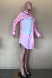 Rosa Lässige Farbblock-Knöpfe Turndown-Kragen-Hemdkleid Kleider