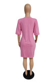 Vestido rosa moda casual plus size com estampa básica decote em v manga curta