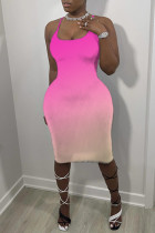 ピンクのセクシーなカジュアルな段階的な変更プリント背中の開いたスパゲッティストラップノースリーブのドレス