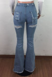 Deep Blue Fashion Casual Solid Ripped High Waist Boot Cut Jeans