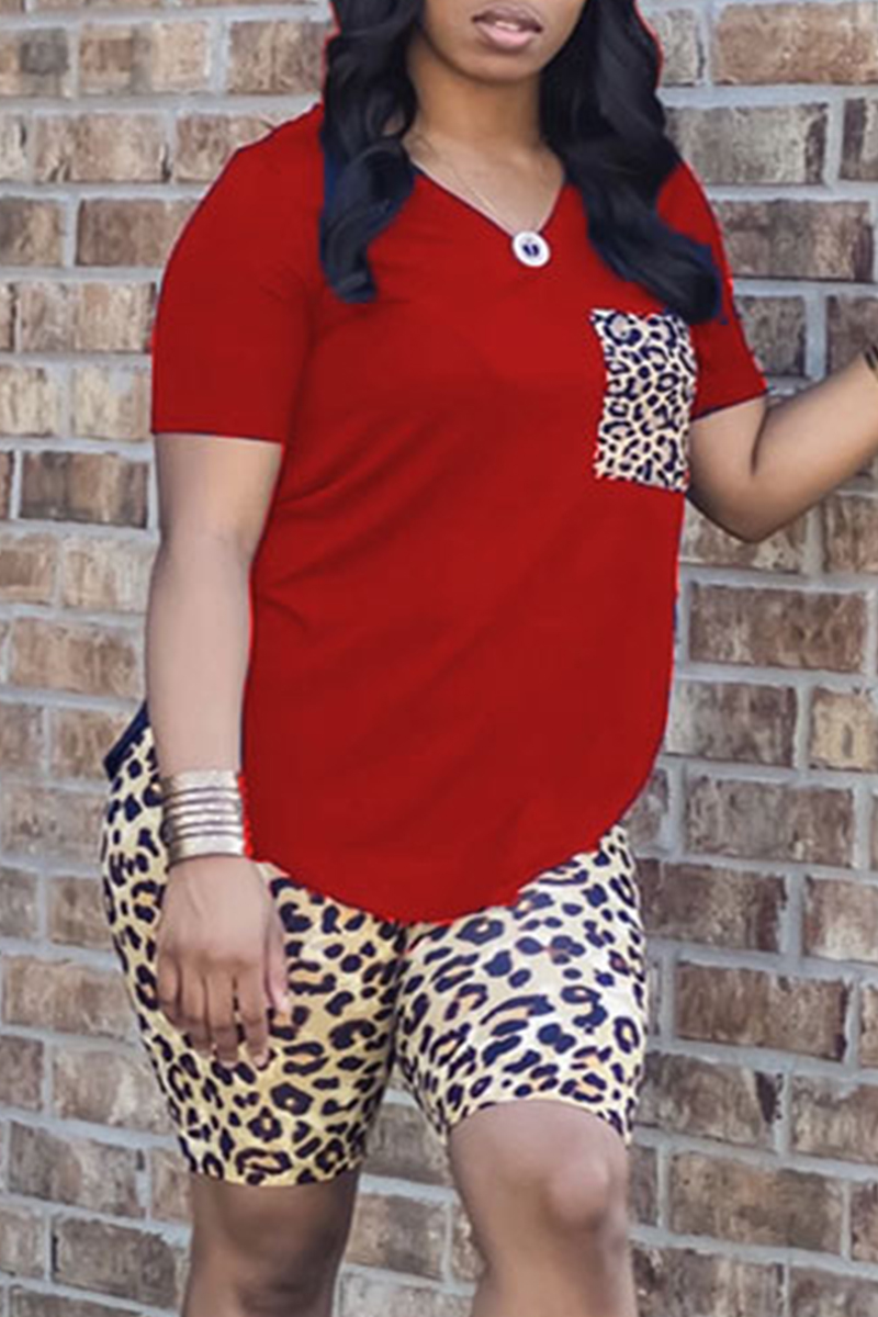 

Red Fashion Casual Leopard Printing V Neck Short Sleeve Two Pieces