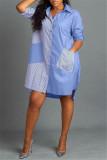 ブルーファッションカジュアルパッチワークポケットターンダウンカラーシャツドレス