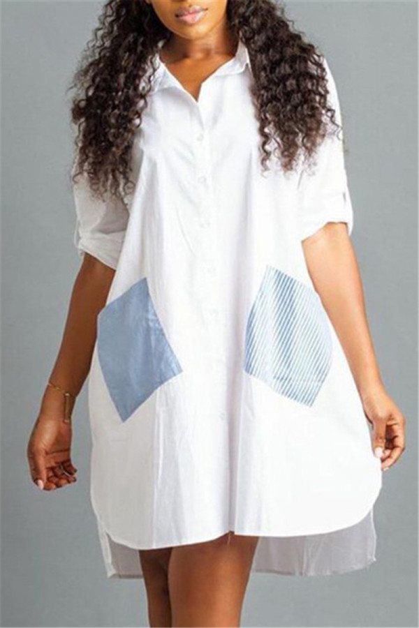 Weißes, modisches, lässiges Patchwork-Taschen-Umlegekragen-Hemdkleid
