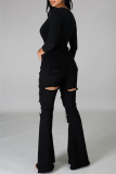 Calça jeans preta fashion casual rasgada de cintura alta com corte de bota