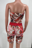 Red Fashion Sexy Print Backless Strapless Sleeveless Two Pieces